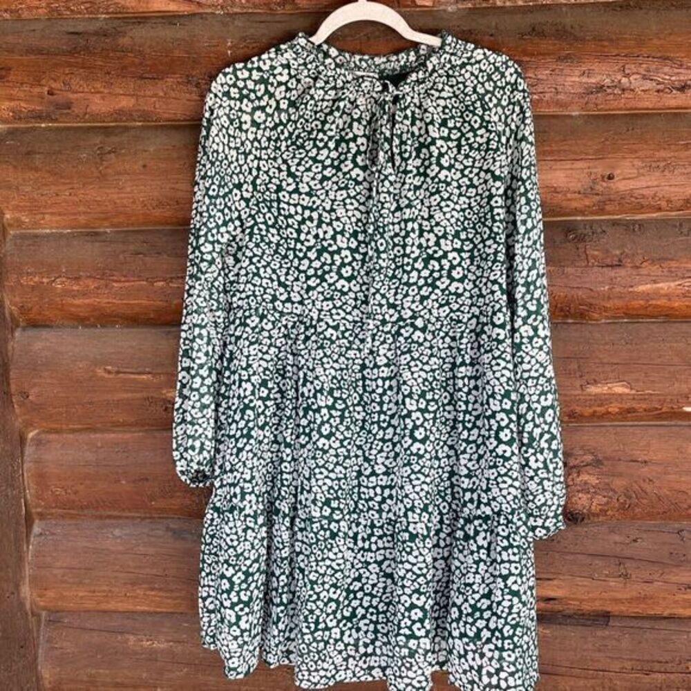 KIRUNDO Women's Floral L Balloon Sleeve Ruffle Crew Neck Knee Length Dress NWT